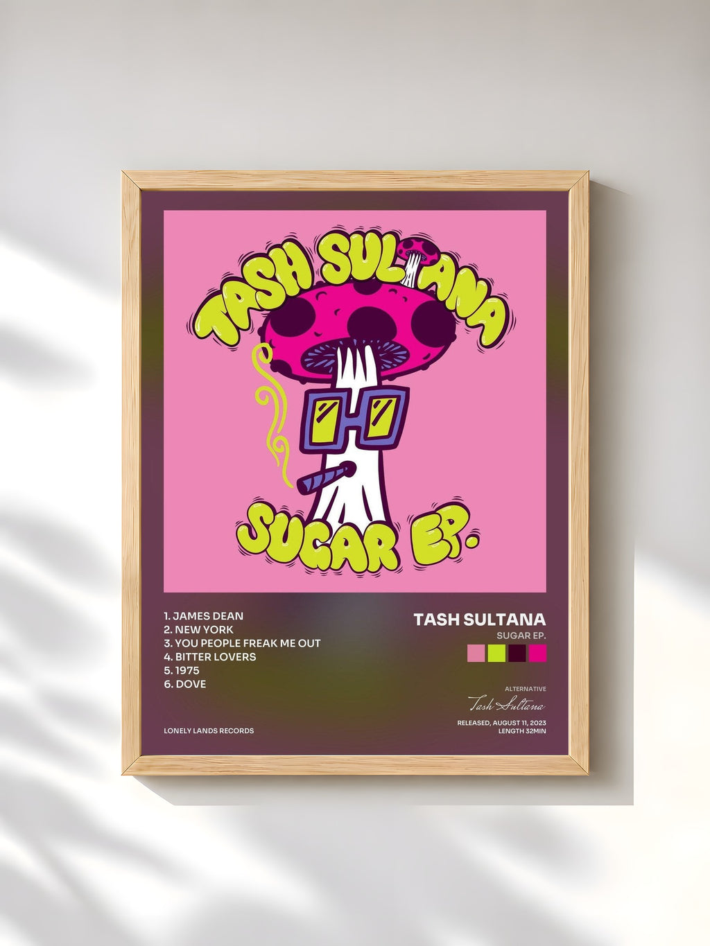 #bois Tableau de l'album SUGAR EP. de Tash Sultana, cadre en bois brut, imprimé et encadré en France