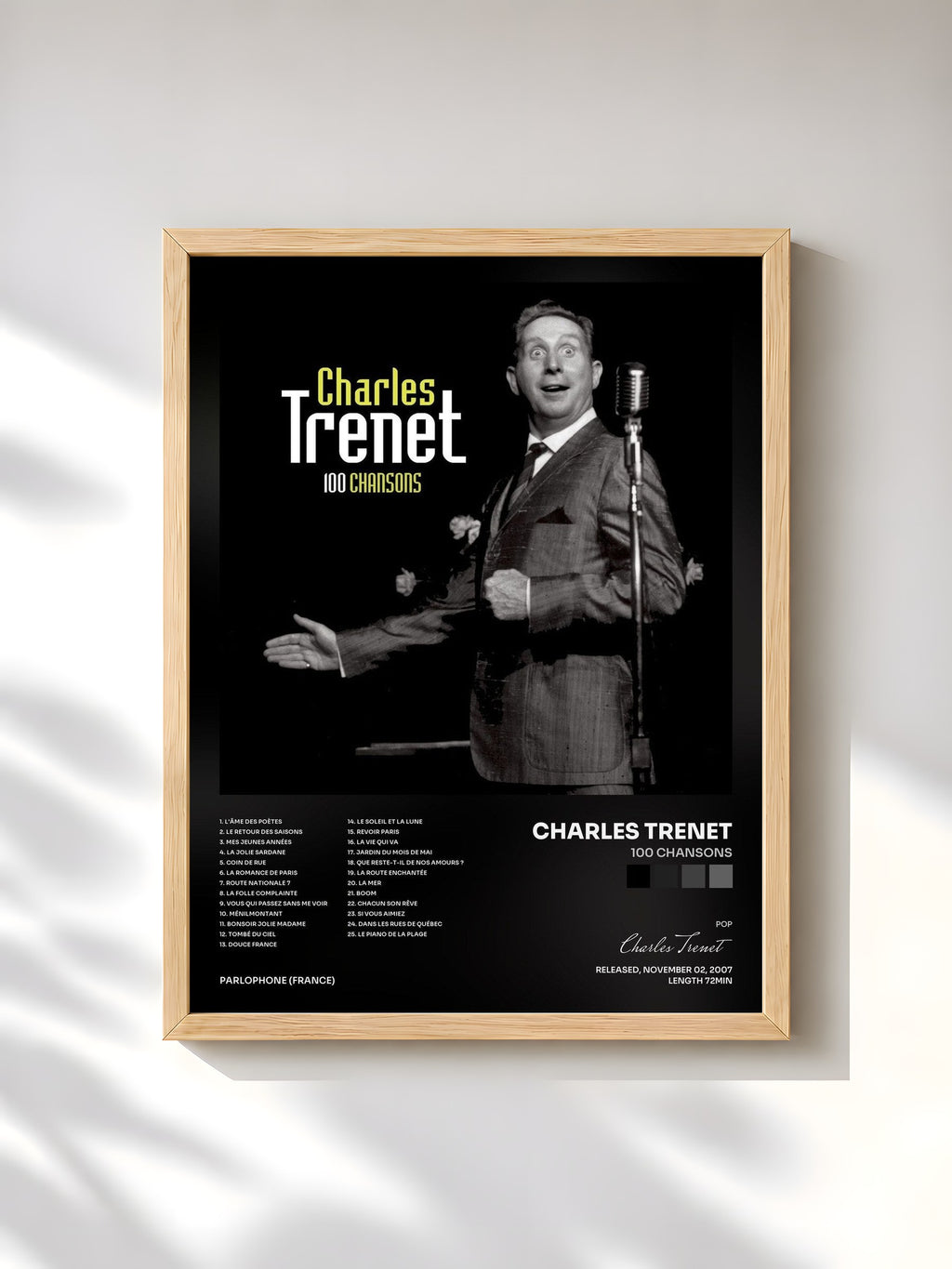 #bois Tableau de l'album 100 Chansons de Charles Trenet, cadre en bois brut, imprimé et encadré en France