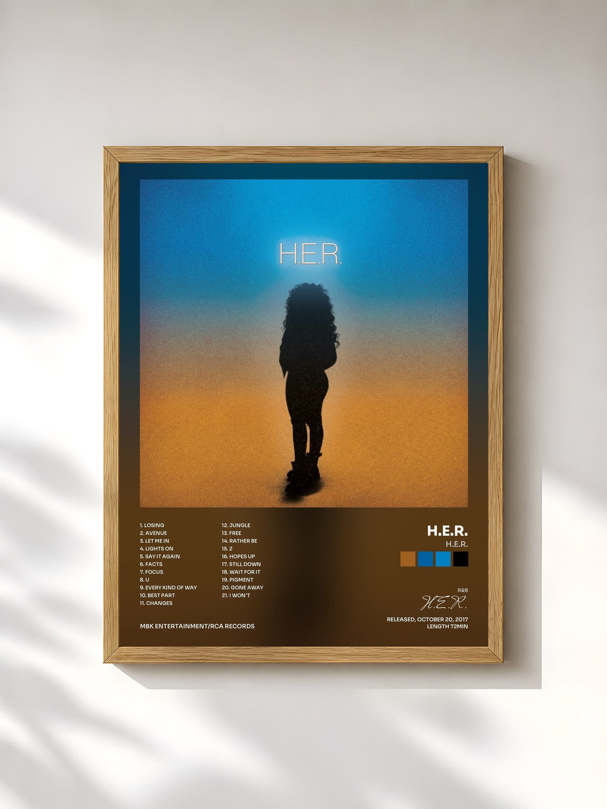 #bois Tableau de l'album H.E.R. de H.E.R., cadre en bois brut, imprimé et encadré en France