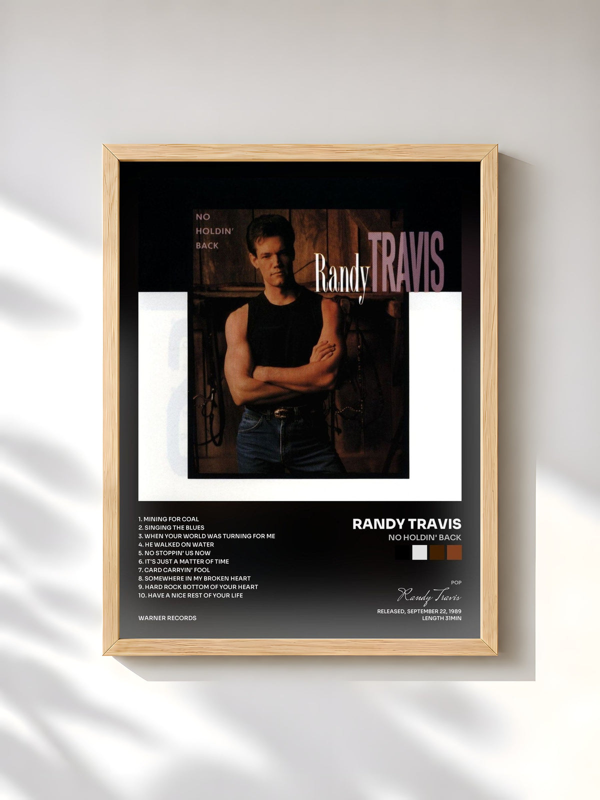 #bois Tableau de l'album No Holdin' Back de Randy Travis, cadre en bois brut, imprimé et encadré en France