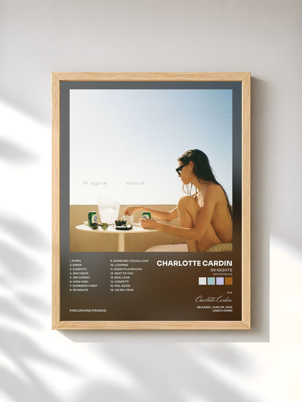 #bois Tableau de l'album 99 Nights (Edition Deluxe) de Charlotte Cardin, cadre en bois brut, imprimé et encadré en France