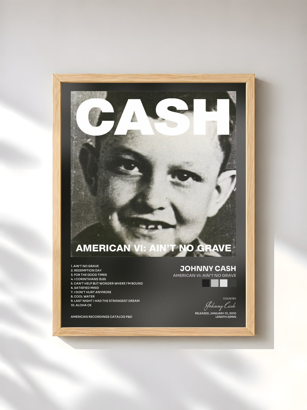 #bois Tableau de l'album American VI: Ain't No Grave de Johnny Cash, cadre en bois brut, imprimé et encadré en France
