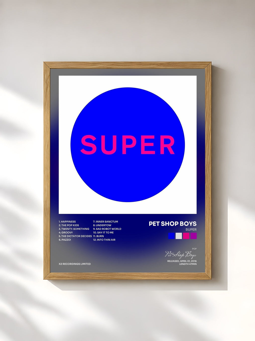 #bois Tableau de l'album Super de Pet Shop Boys, cadre en bois brut, imprimé et encadré en France