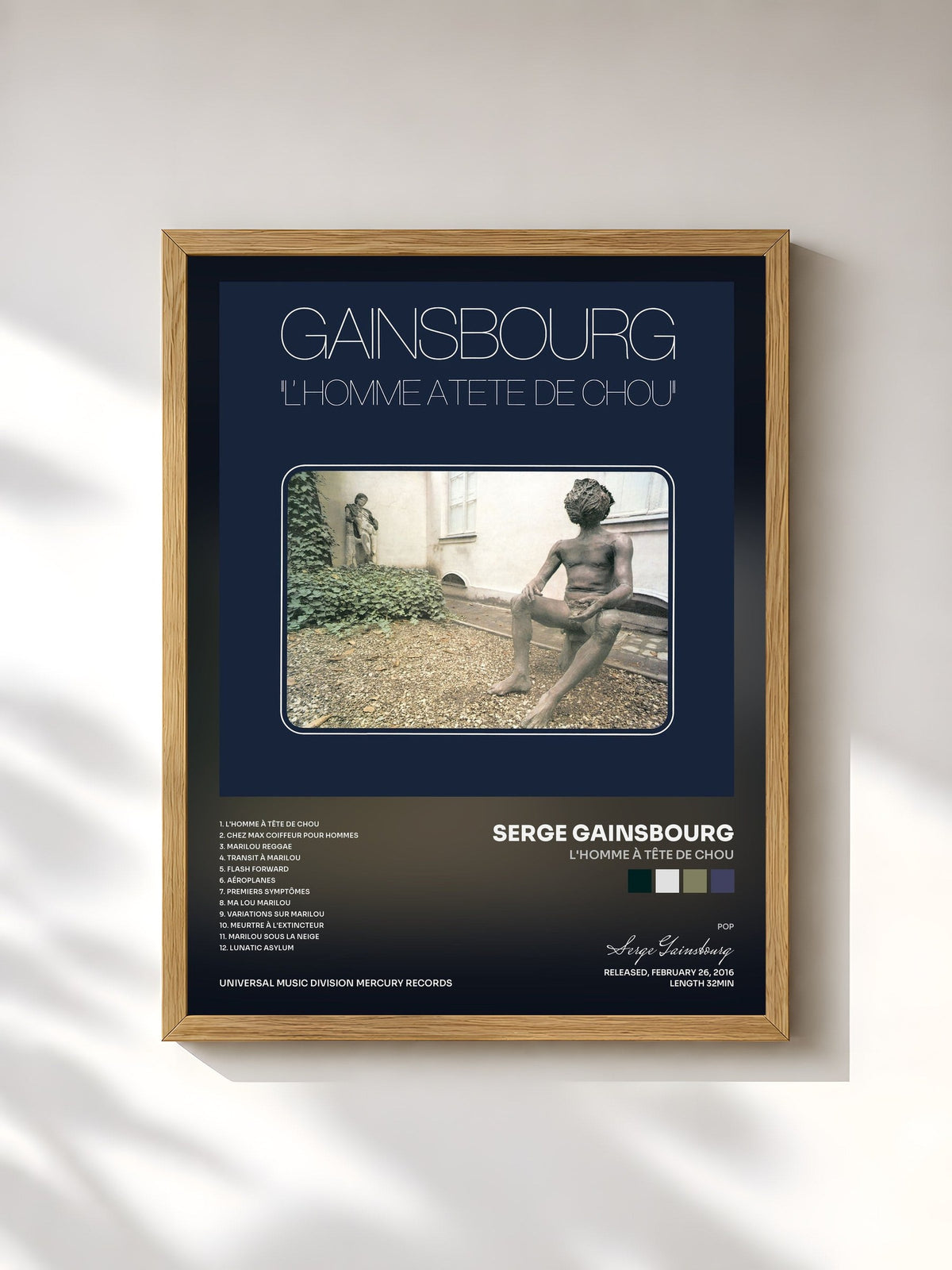 #bois Tableau de l'album L'homme à tête de chou de Serge Gainsbourg, cadre en bois brut, imprimé et encadré en France