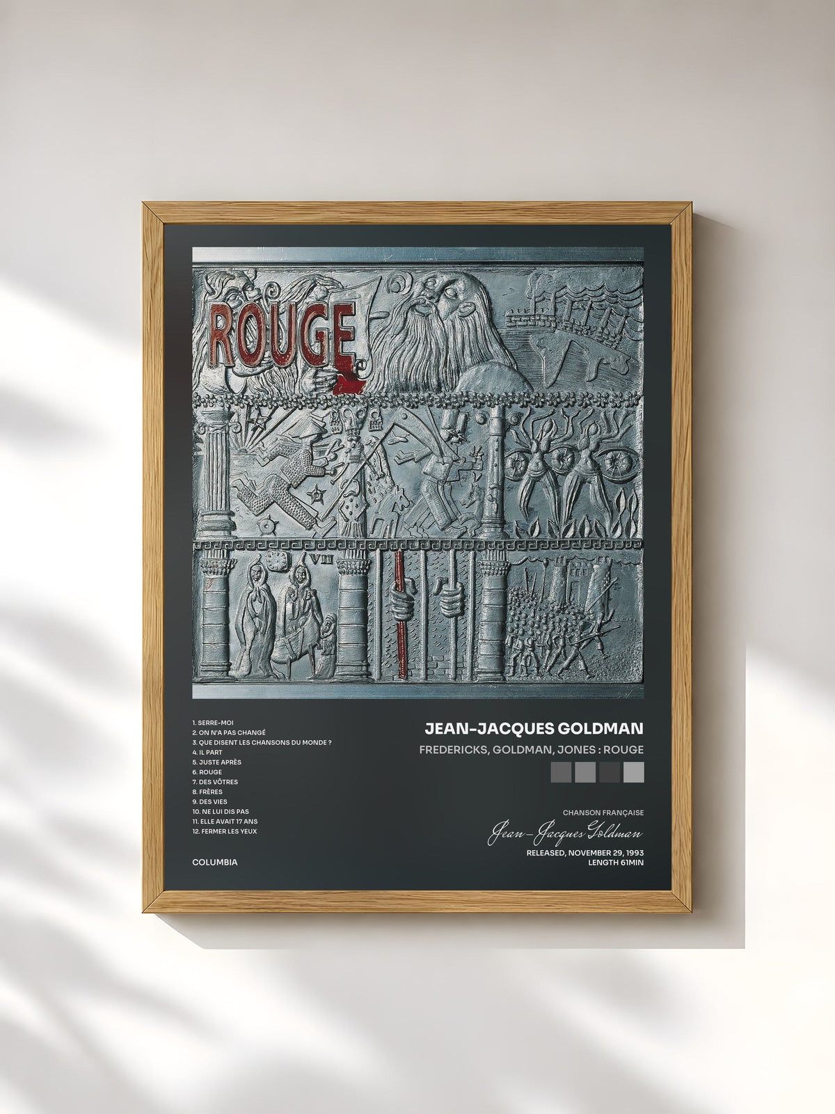#bois Tableau de l'album Fredericks, Goldman, Jones : Rouge de Jean-Jacques Goldman, cadre en bois brut, imprimé et encadré en France