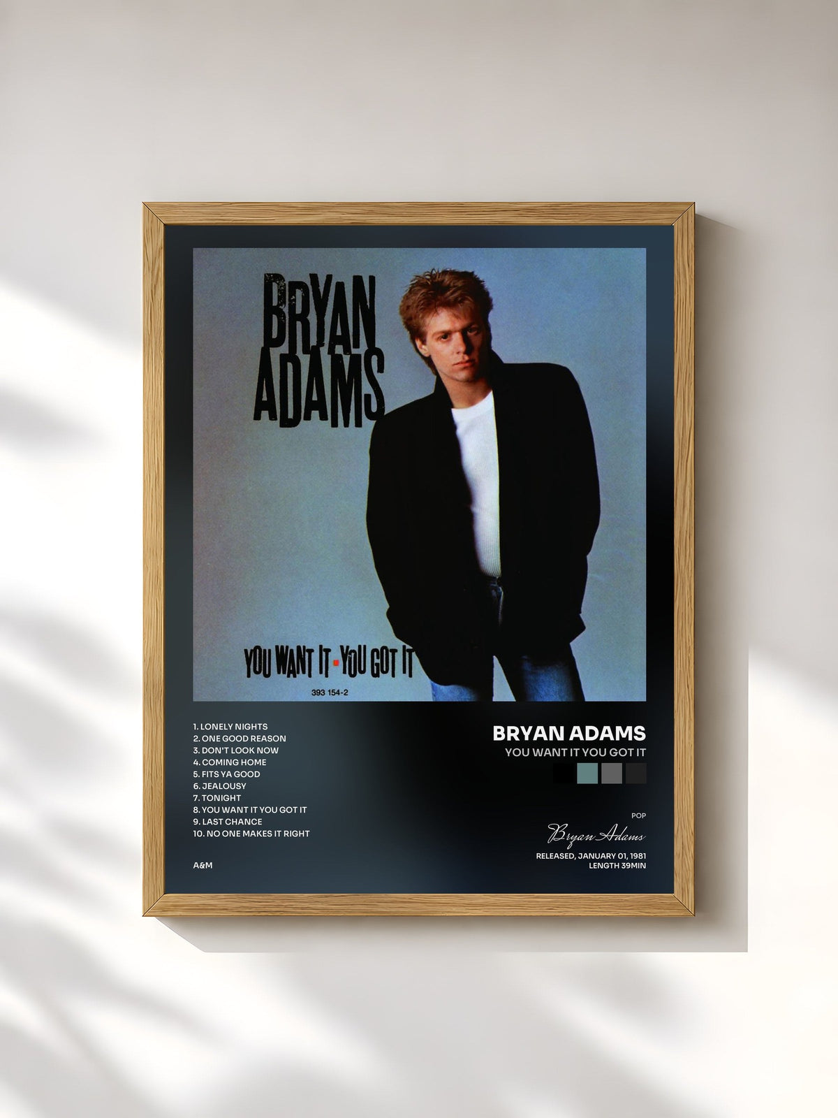 #bois Tableau de l'album You Want It You Got It de Bryan Adams, cadre en bois brut, imprimé et encadré en France