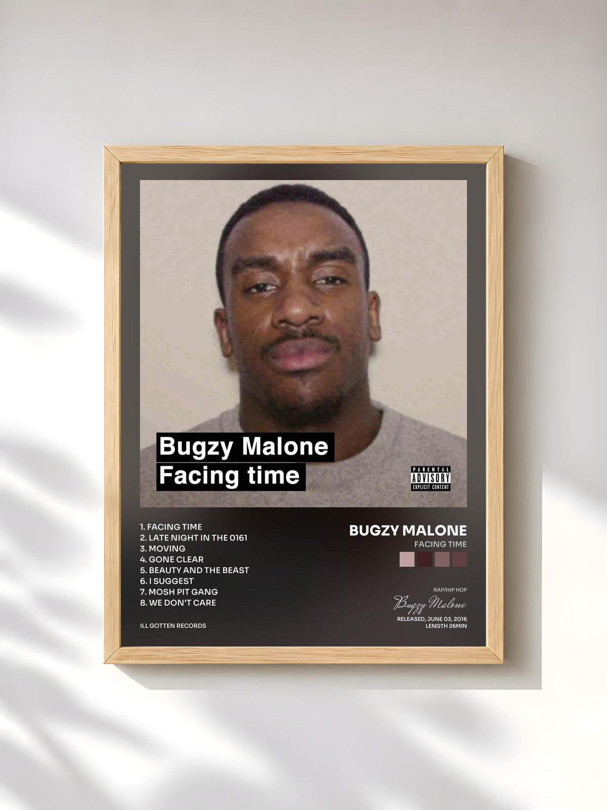 #bois Tableau de l'album Facing Time de Bugzy Malone, cadre en bois brut, imprimé et encadré en France