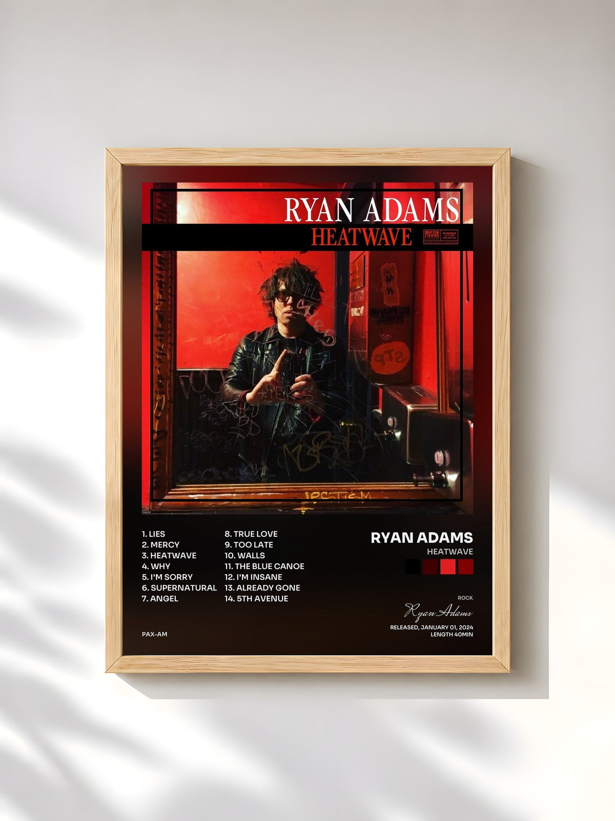 #bois Tableau de l'album Heatwave de Ryan Adams, cadre en bois brut, imprimé et encadré en France