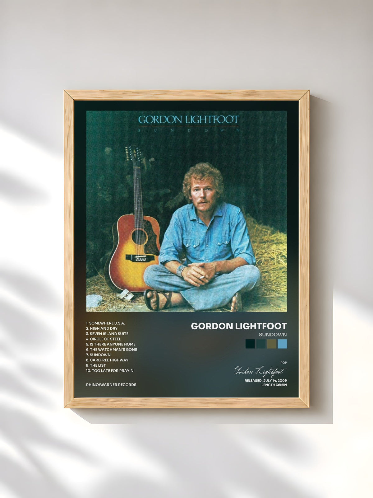 #bois Tableau de l'album Sundown de Gordon Lightfoot, cadre en bois brut, imprimé et encadré en France