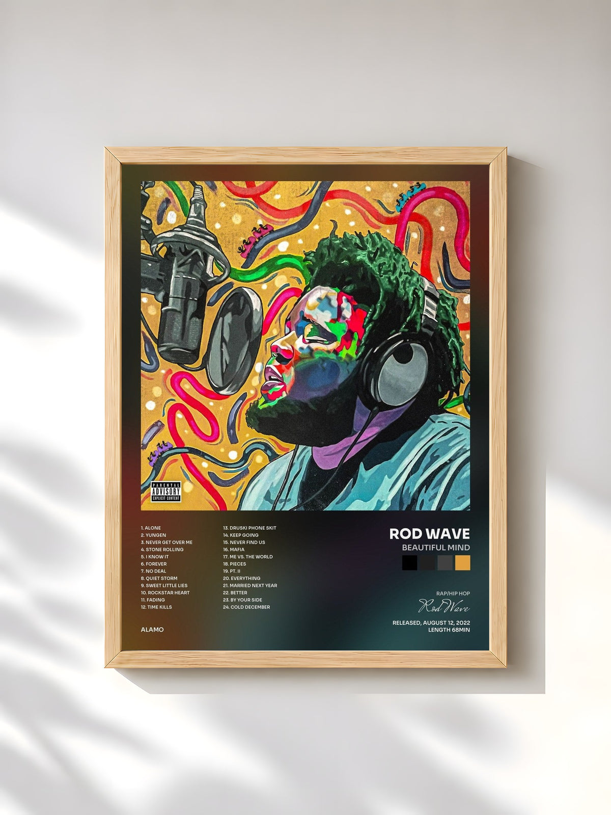 #bois Tableau de l'album Beautiful Mind de Rod Wave, cadre en bois brut, imprimé et encadré en France