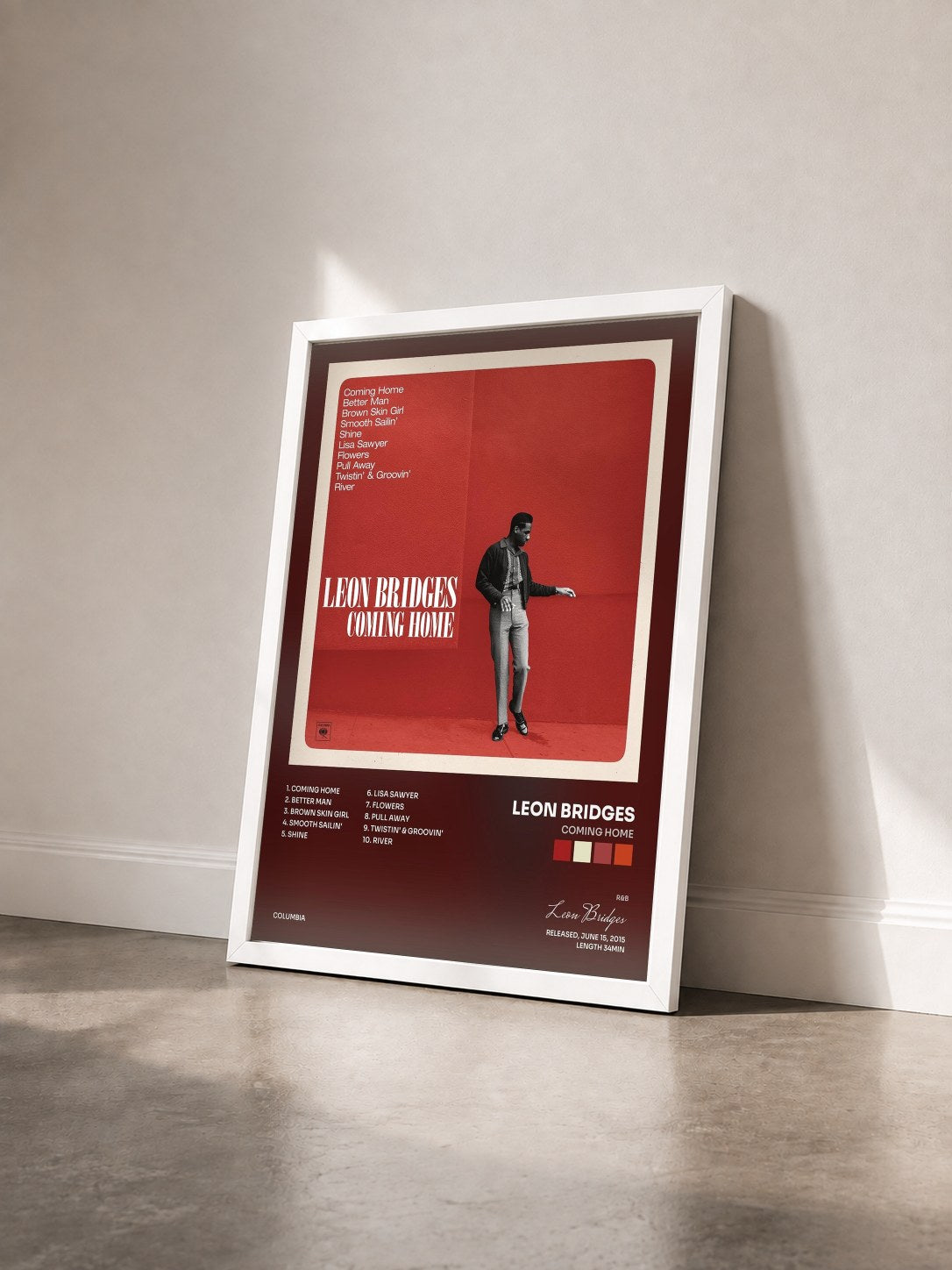 #blanc Tableau de l'album Coming Home de Leon Bridges vu de trois quarts, cadre blanc