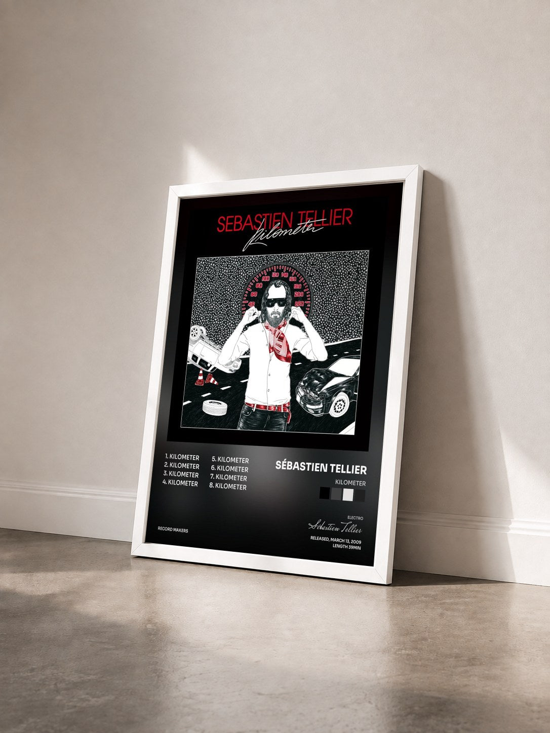 #blanc Tableau de l'album Kilometer de Sébastien Tellier vu de trois quarts, cadre blanc