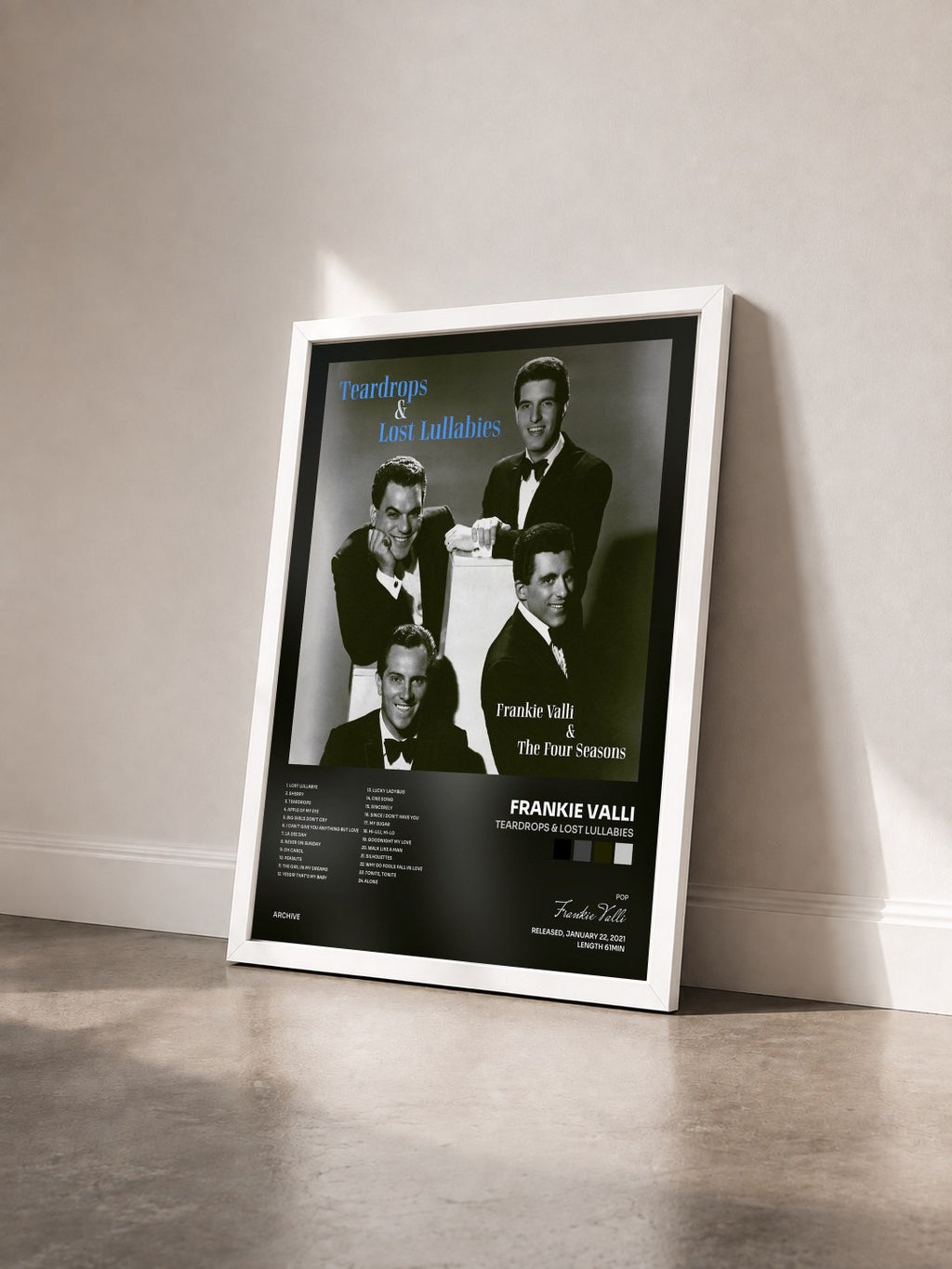 #blanc Tableau de l'album Teardrops & Lost Lullabies de Frankie Valli vu de trois quarts, cadre blanc