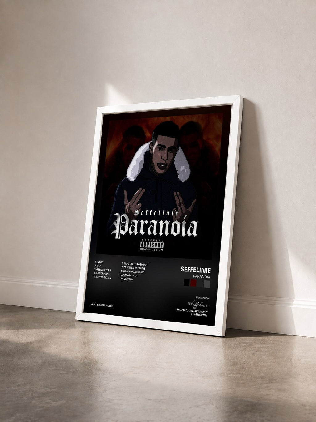 #blanc Tableau de l'album Paranoia de Seffelinie vu de trois quarts, cadre blanc
