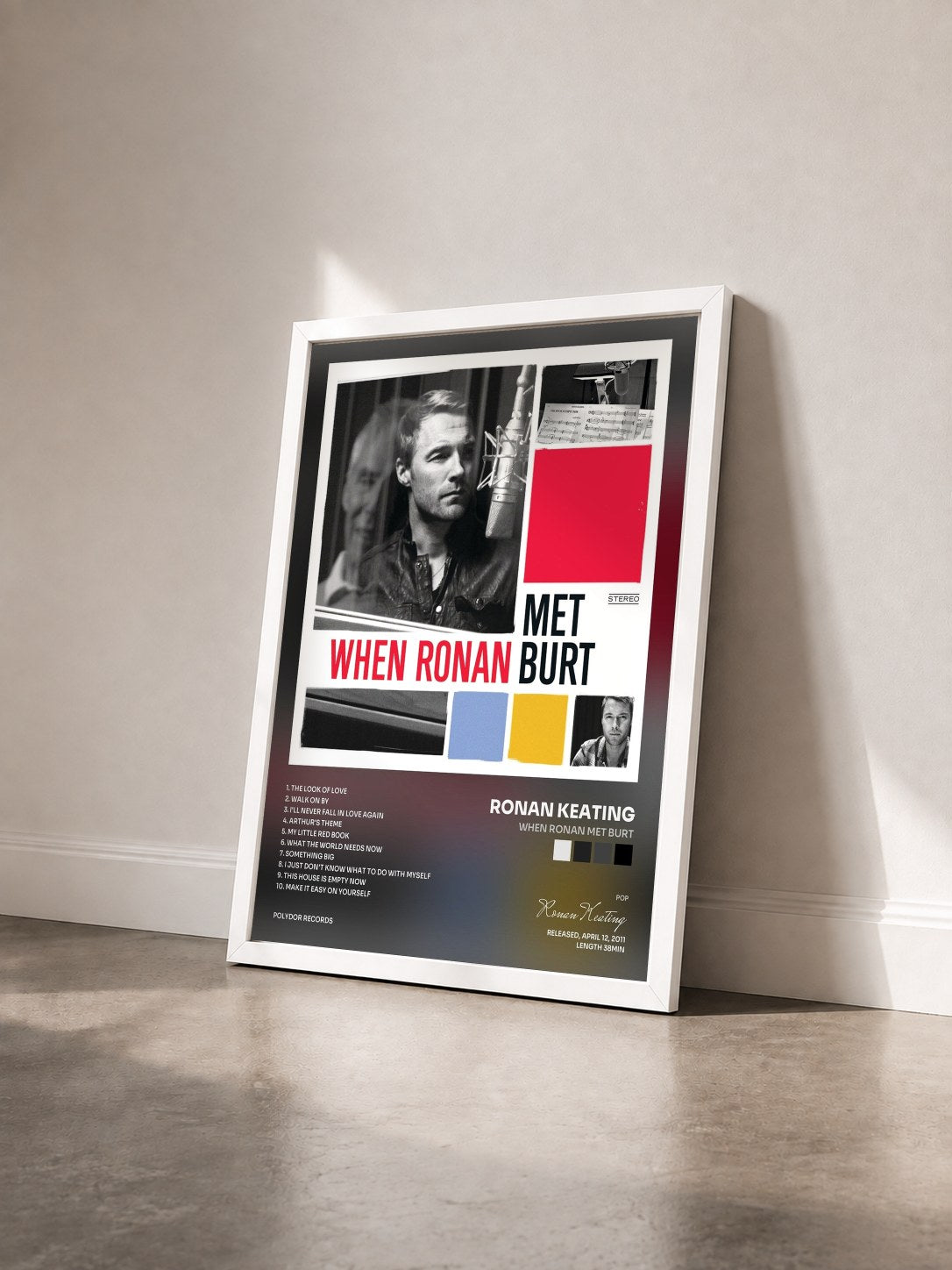 #blanc Tableau de l'album When Ronan Met Burt de Ronan Keating vu de trois quarts, cadre blanc