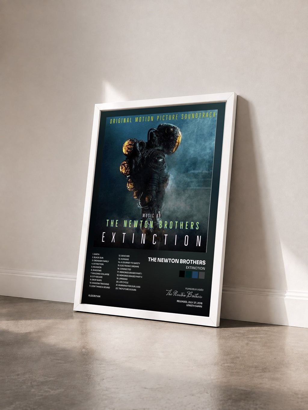 #blanc Tableau de l'album Extinction de The Newton Brothers vu de trois quarts, cadre blanc