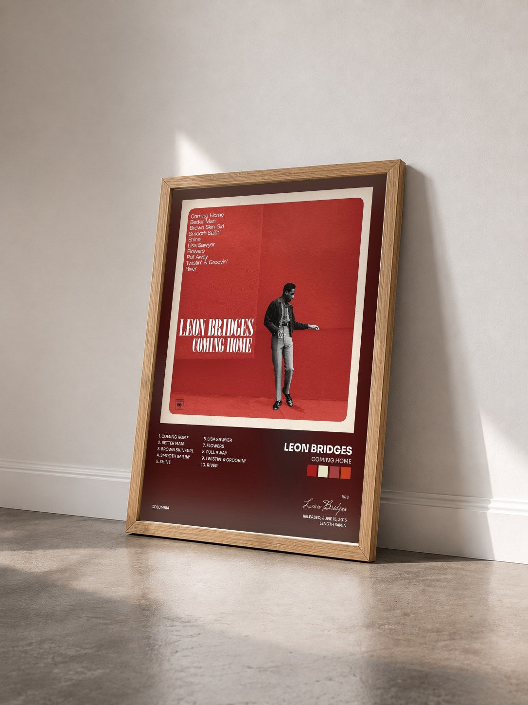 #bois Tableau de l'album Coming Home de Leon Bridges vu de trois quarts, cadre en bois brut