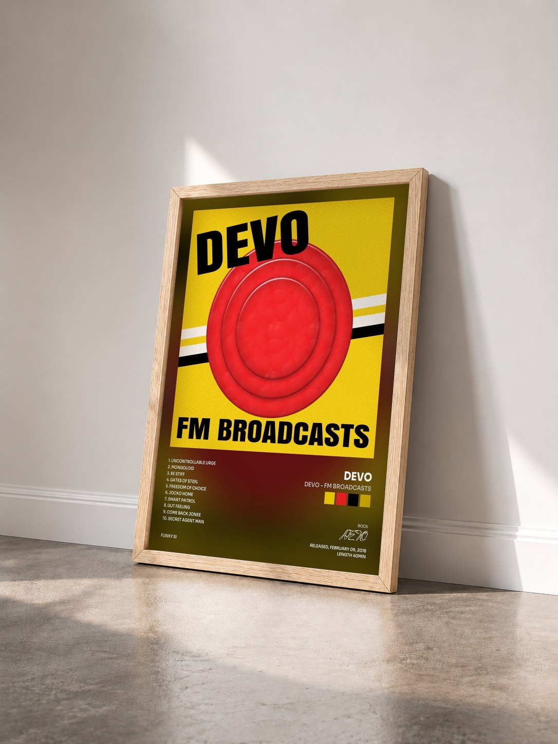 #bois Tableau de l'album Devo - FM Broadcasts de DEVO vu de trois quarts, cadre en bois brut