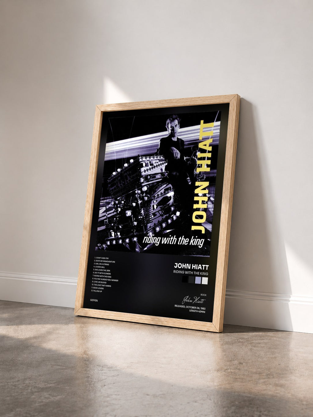 #bois Tableau de l'album Riding With The King de John Hiatt vu de trois quarts, cadre en bois brut