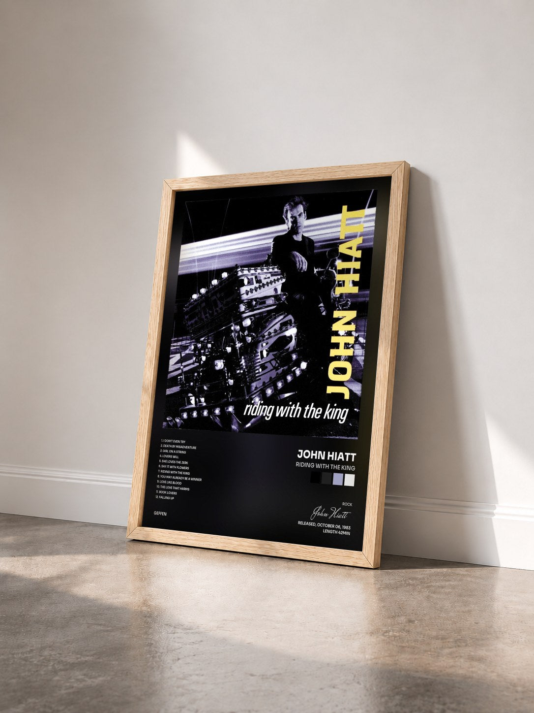 #bois Tableau de l'album Riding With The King de John Hiatt vu de trois quarts, cadre en bois brut