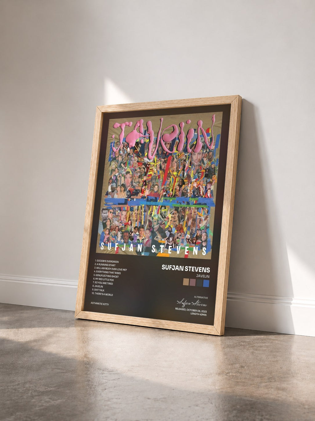 #bois Tableau de l'album Javelin de Sufjan Stevens vu de trois quarts, cadre en bois brut