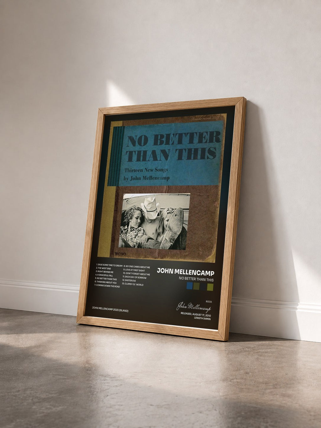 #bois Tableau de l'album No Better Than This de John Mellencamp vu de trois quarts, cadre en bois brut