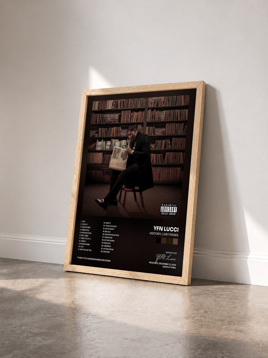 #bois Tableau de l'album HIStory, Lost Pages de YFN Lucci vu de trois quarts, cadre en bois brut