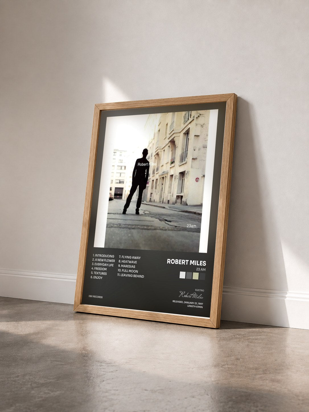 #bois Tableau de l'album 23am de Robert Miles vu de trois quarts, cadre en bois brut