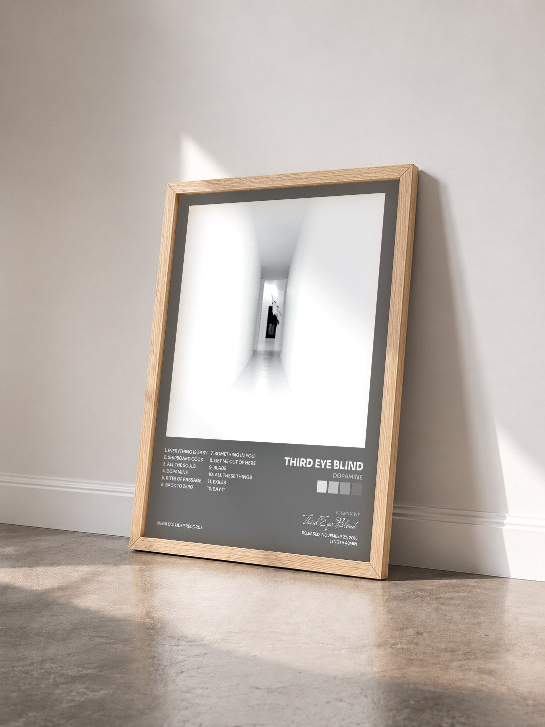 #bois Tableau de l'album Dopamine de Third Eye Blind vu de trois quarts, cadre en bois brut