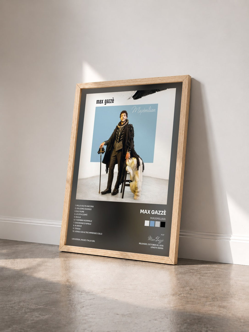 #bois Tableau de l'album Maximilian de Max Gazzè vu de trois quarts, cadre en bois brut