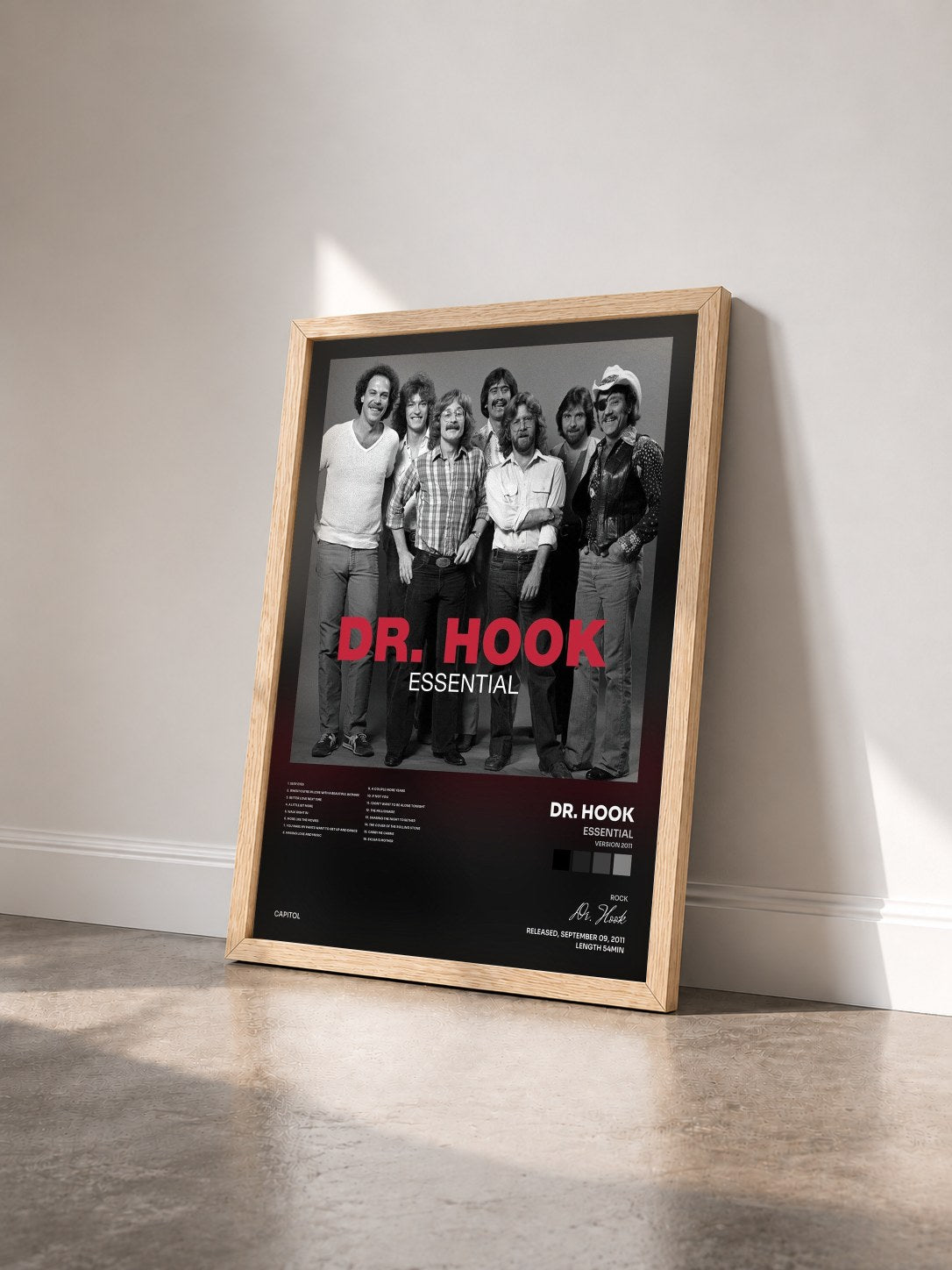 #bois Tableau de l'album Essential (Version 2011) de Dr. Hook vu de trois quarts, cadre en bois brut