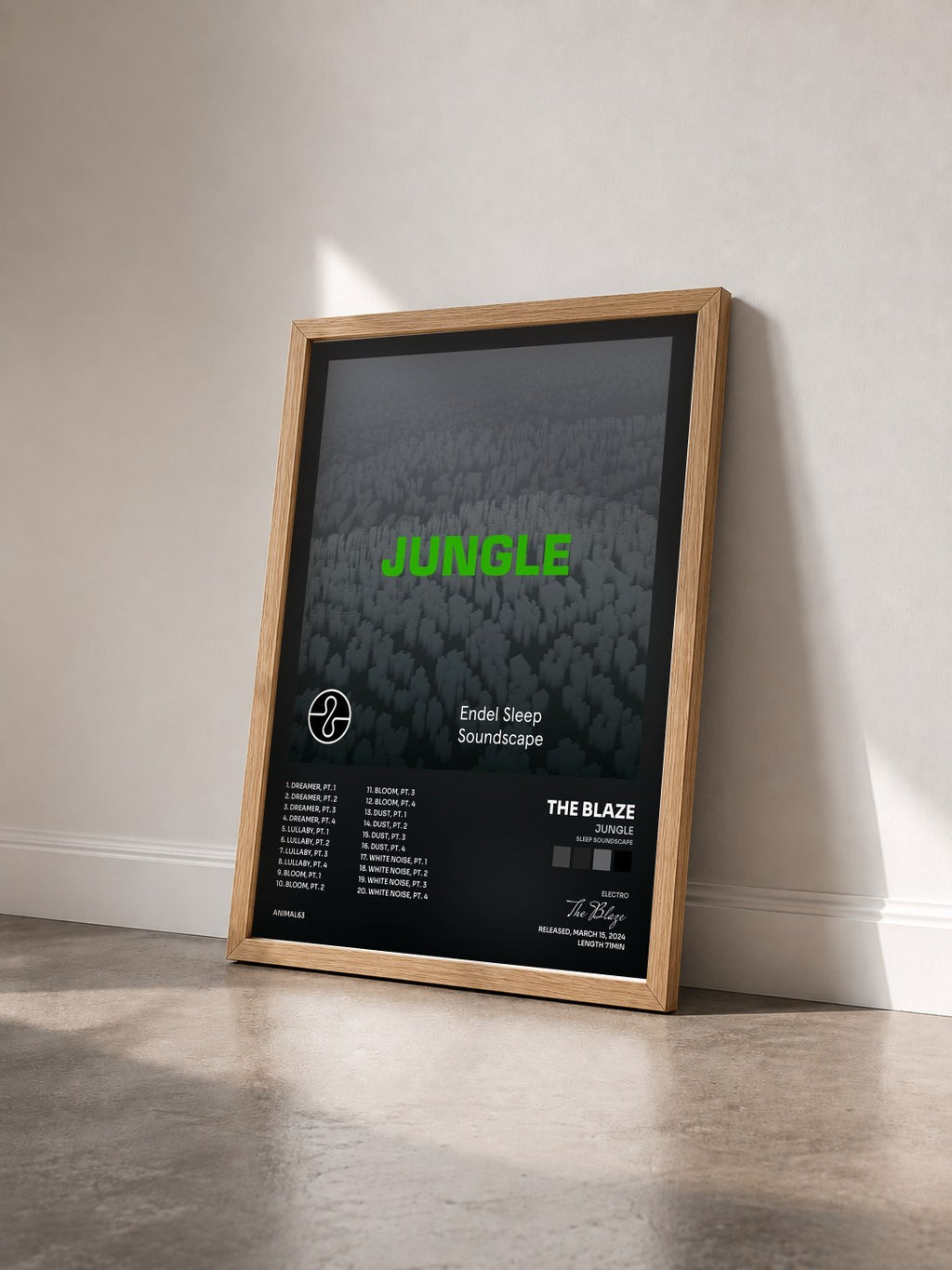 #bois Tableau de l'album JUNGLE (Sleep Soundscape) de The Blaze vu de trois quarts, cadre en bois brut