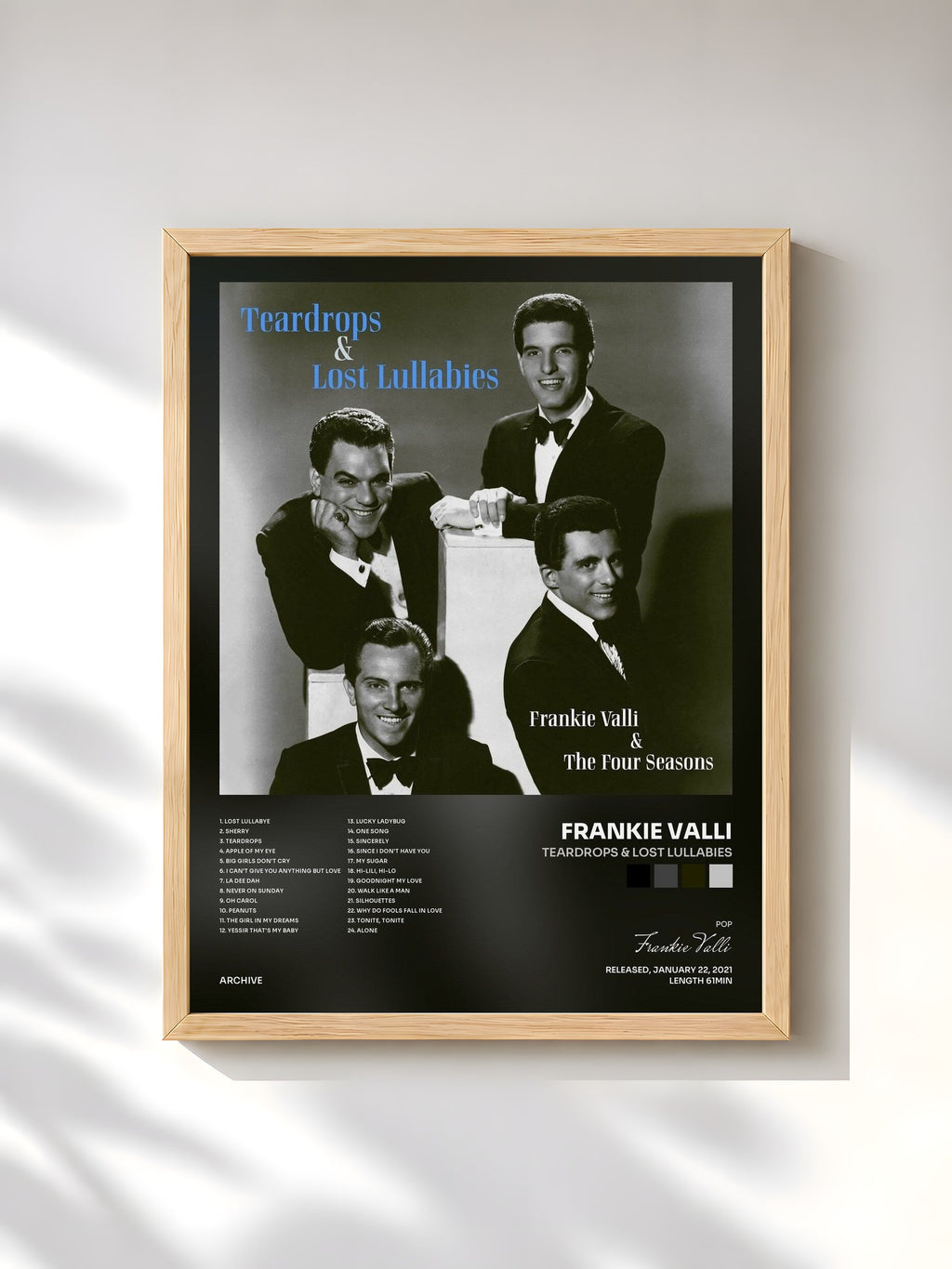 #bois Tableau de l'album Teardrops & Lost Lullabies de Frankie Valli, cadre en bois brut, imprimé et encadré en France