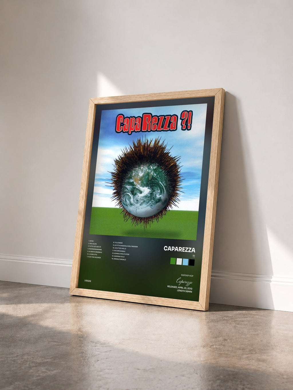 #bois Tableau de l'album ?! de Caparezza vu de trois quarts, cadre en bois brut