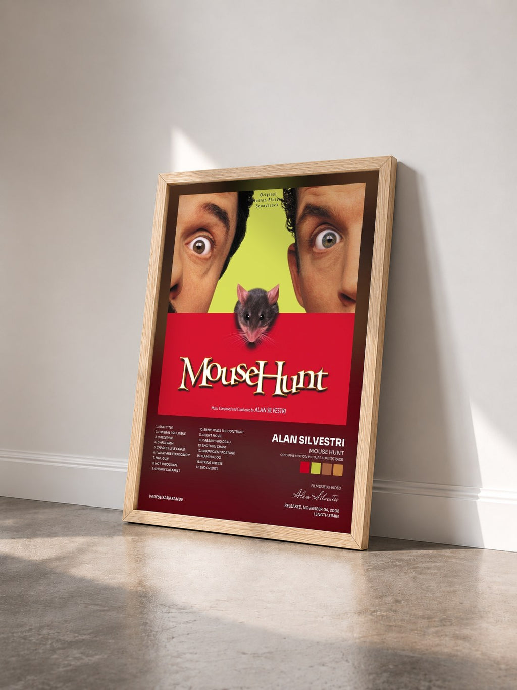 #bois Tableau de l'album Mouse Hunt (Original Motion Picture Soundtrack) de Alan Silvestri vu de trois quarts, cadre en bois brut