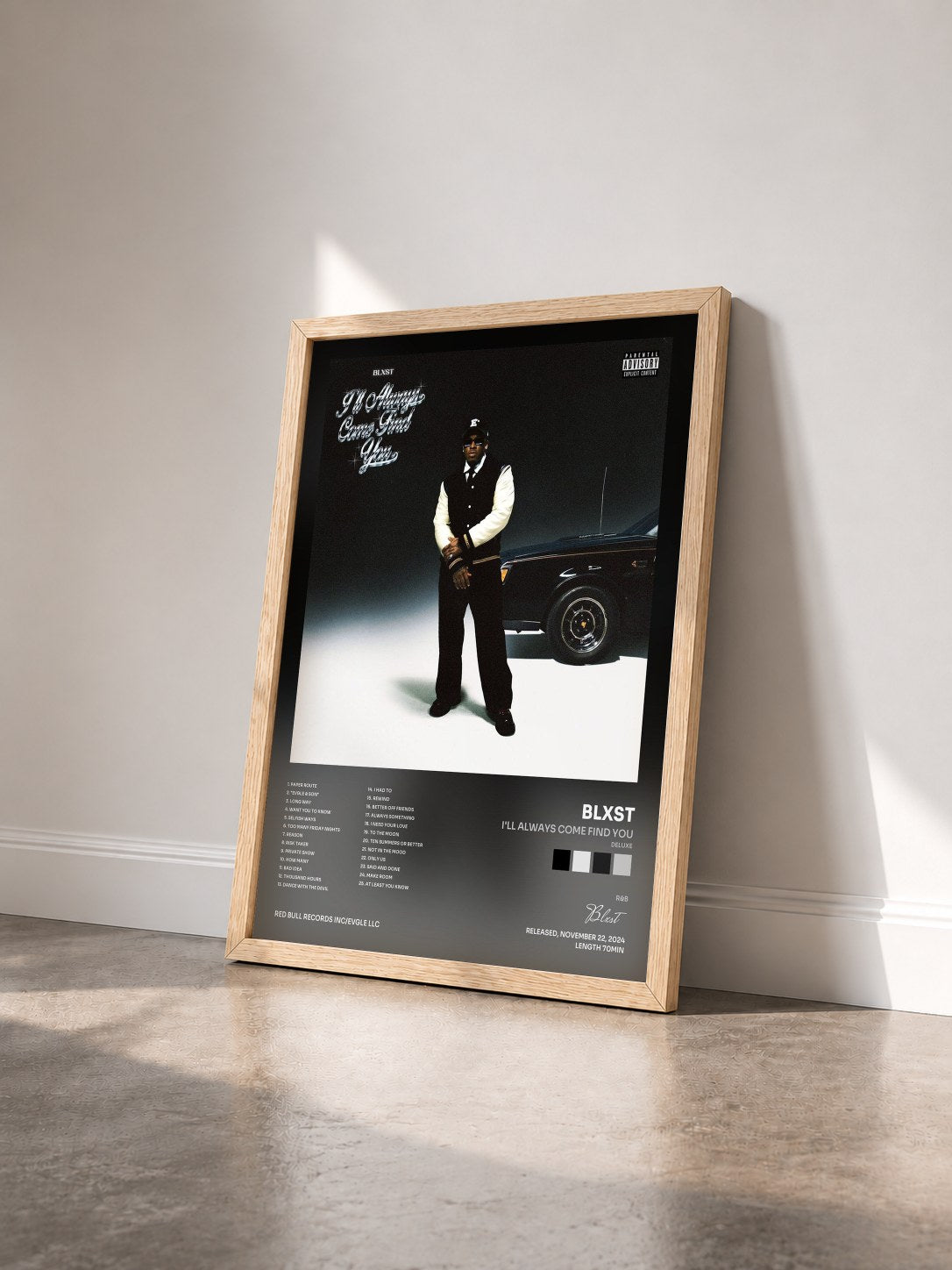 #bois Tableau de l'album I'll Always Come Find You (Deluxe) de Blxst vu de trois quarts, cadre en bois brut