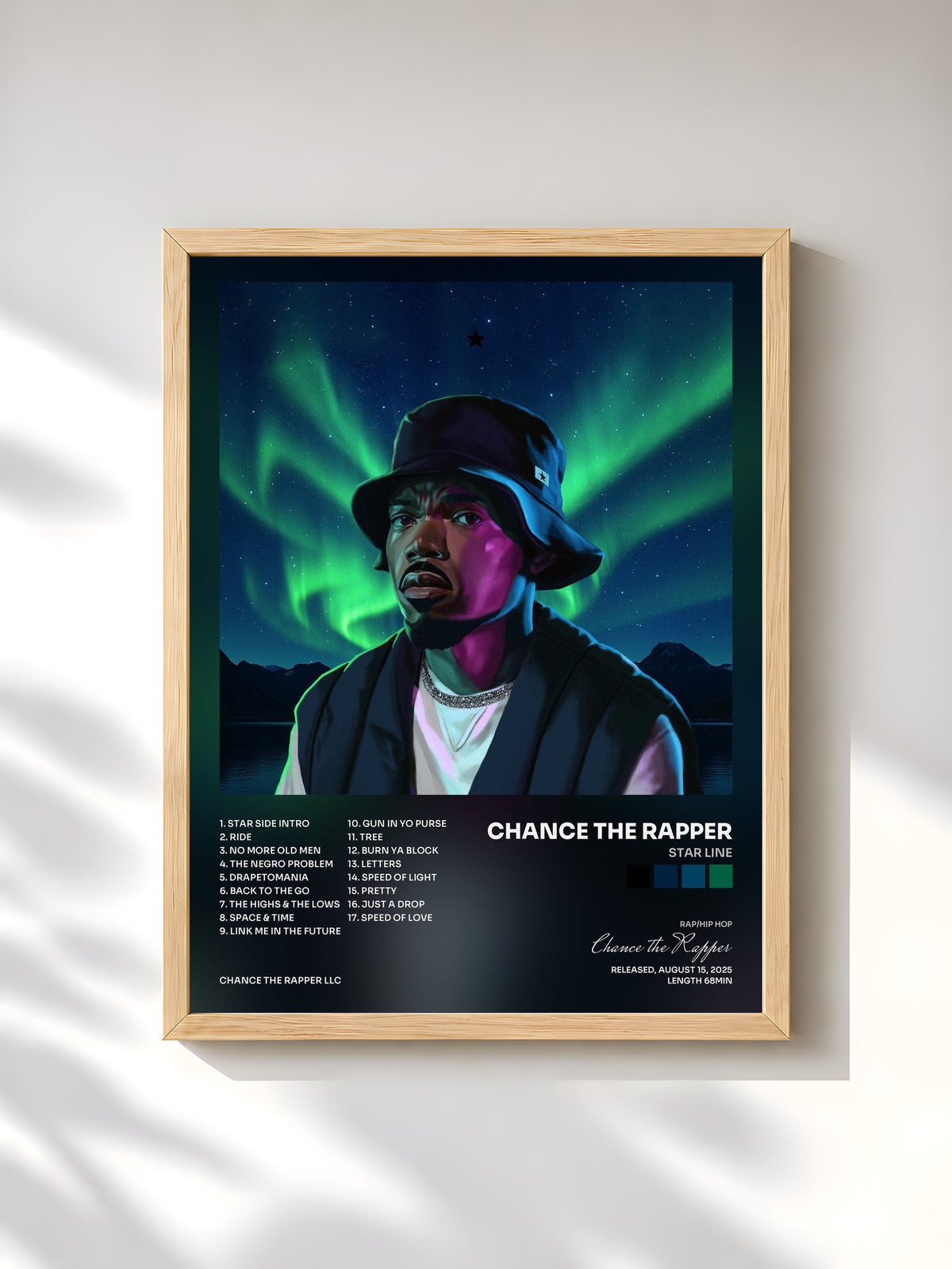 #bois Tableau de l'album STAR LINE de Chance the Rapper, cadre en bois brut, imprimé et encadré en France