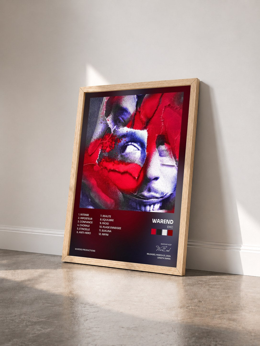 #bois Tableau de l'album EMC de WarEnd vu de trois quarts, cadre en bois brut