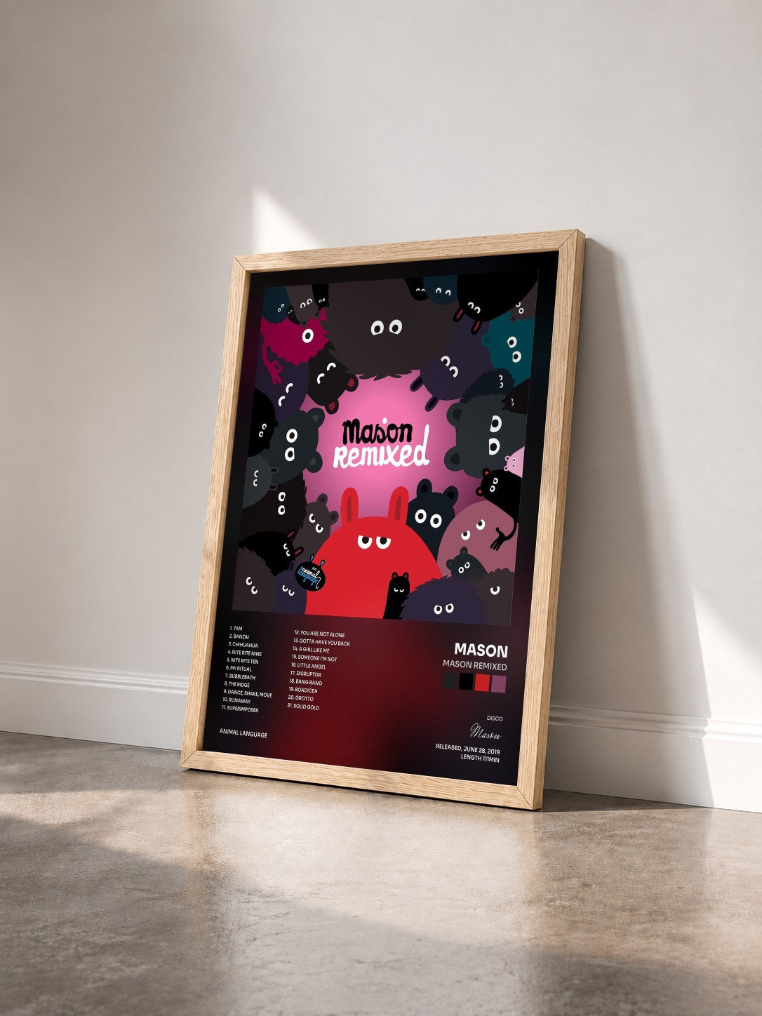 #bois Tableau de l'album Mason Remixed de Mason vu de trois quarts, cadre en bois brut