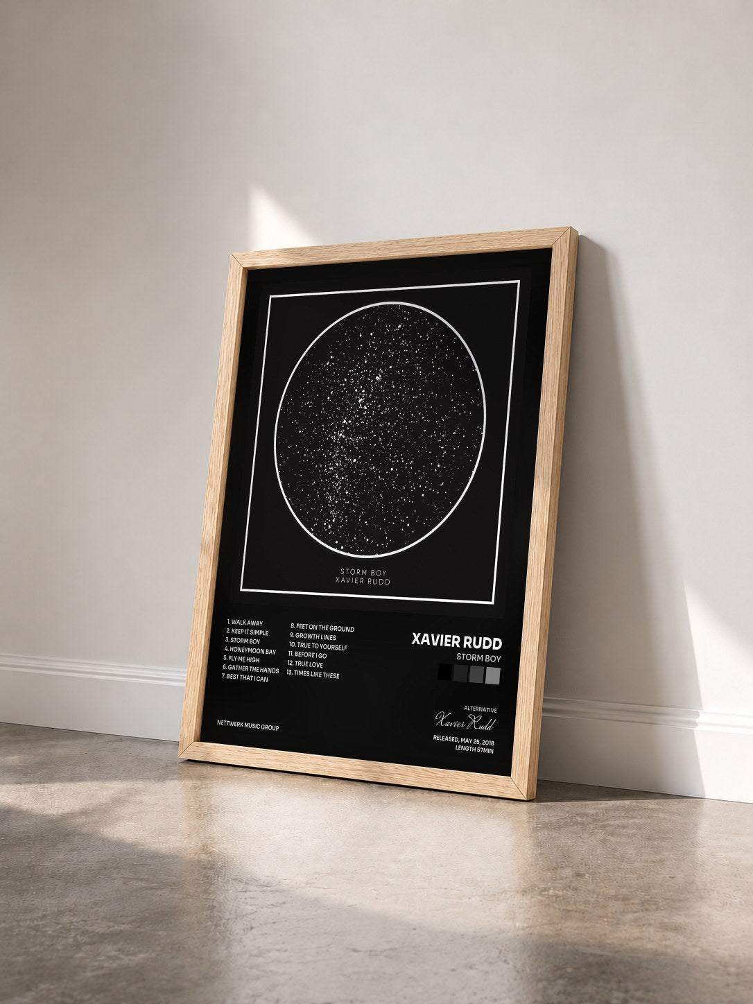 #bois Tableau de l'album Storm Boy de Xavier Rudd vu de trois quarts, cadre en bois brut
