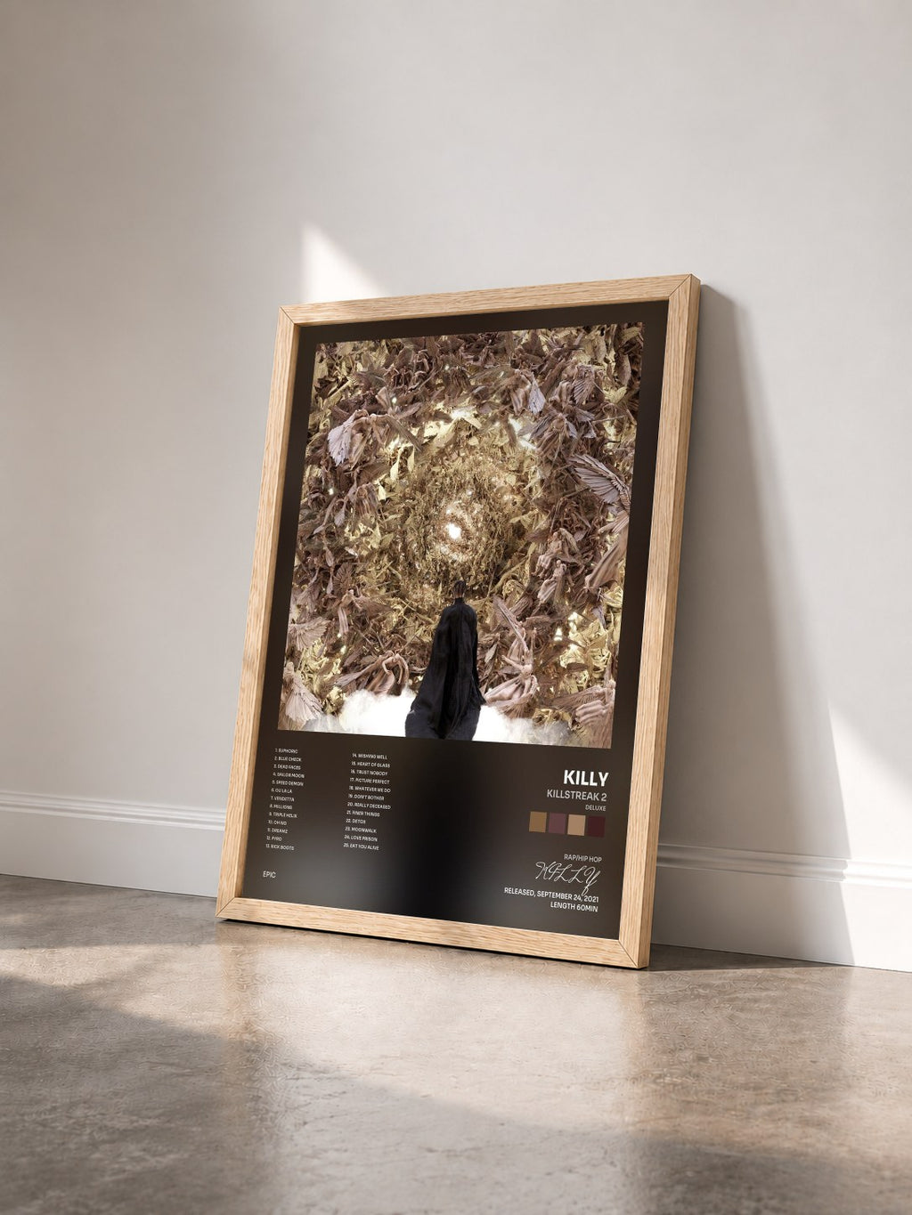 #bois Tableau de l'album KILLSTREAK 2 (Deluxe) de KILLY vu de trois quarts, cadre en bois brut