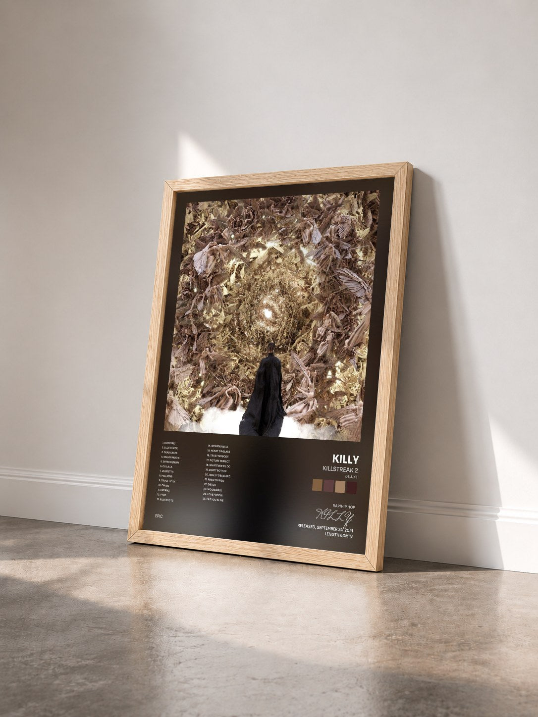 #bois Tableau de l'album KILLSTREAK 2 (Deluxe) de KILLY vu de trois quarts, cadre en bois brut