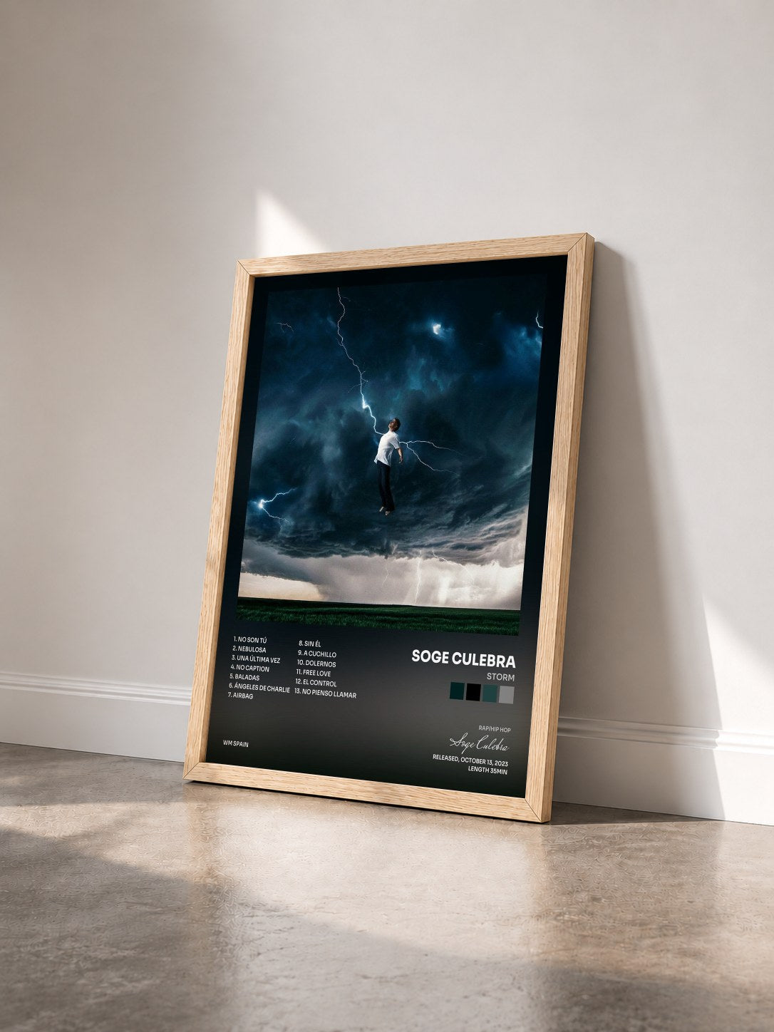 #bois Tableau de l'album STORM de Soge Culebra vu de trois quarts, cadre en bois brut