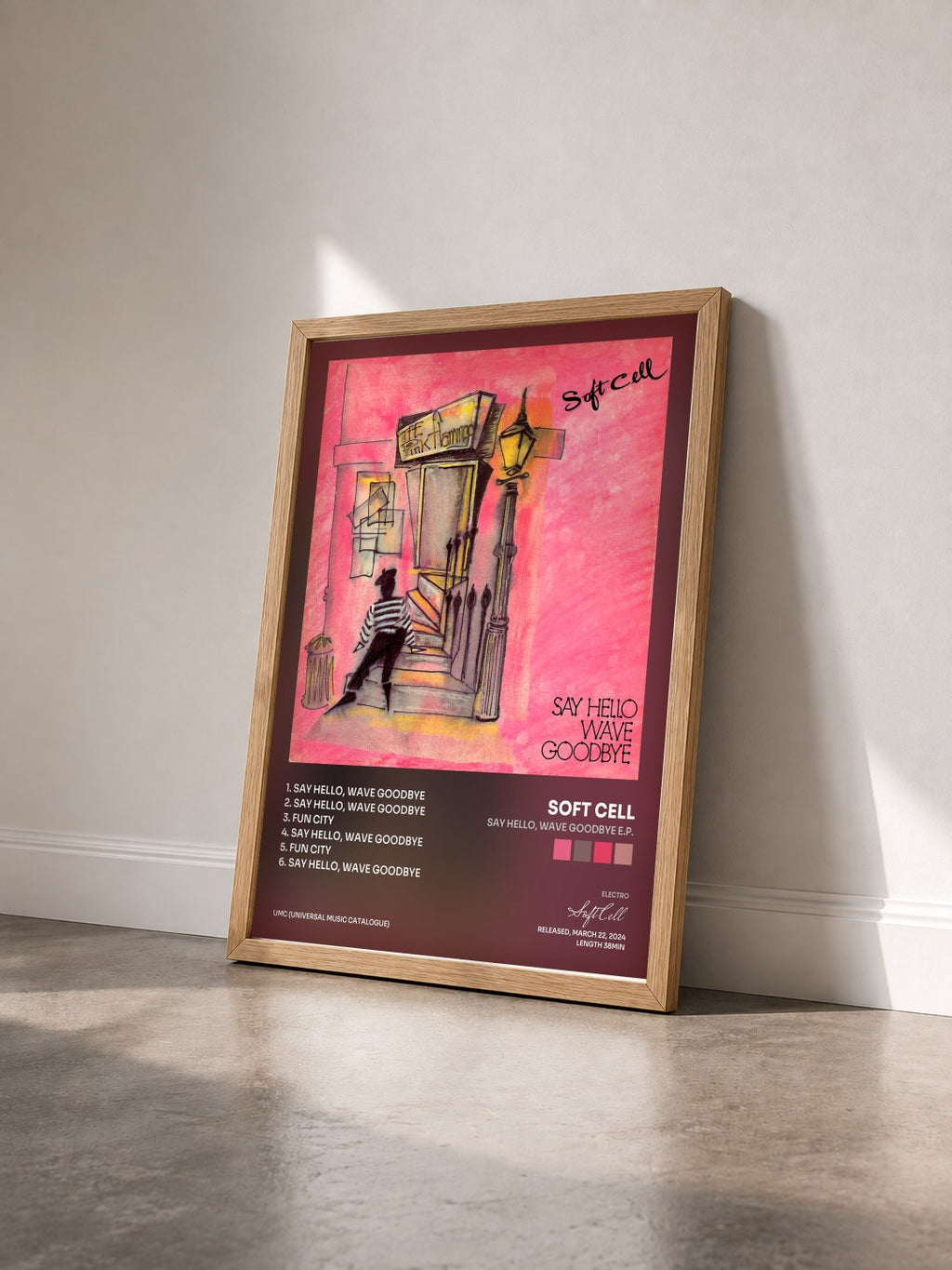 #bois Tableau de l'album Say Hello, Wave Goodbye E.P. de Soft Cell vu de trois quarts, cadre en bois brut