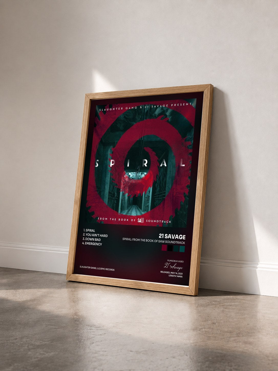 #bois Tableau de l'album Spiral: From The Book of Saw Soundtrack de 21 Savage vu de trois quarts, cadre en bois brut