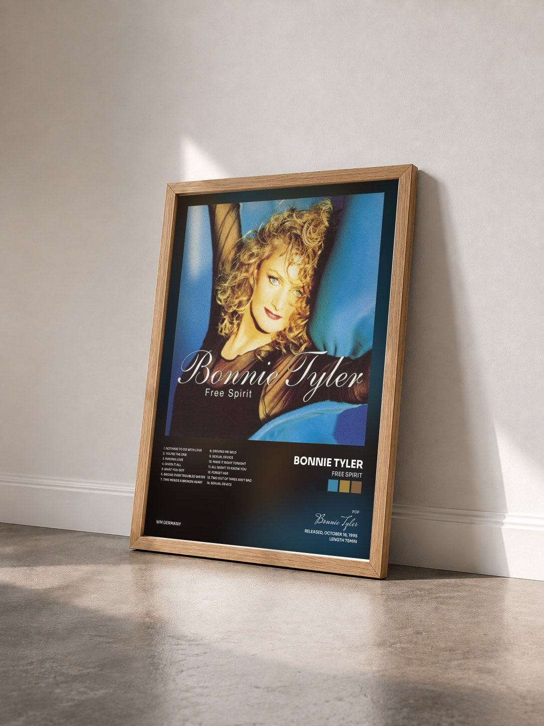 #bois Tableau de l'album Free Spirit de Bonnie Tyler vu de trois quarts, cadre en bois brut