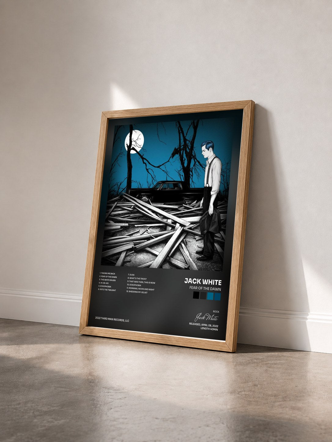 #bois Tableau de l'album Fear Of The Dawn de Jack White vu de trois quarts, cadre en bois brut