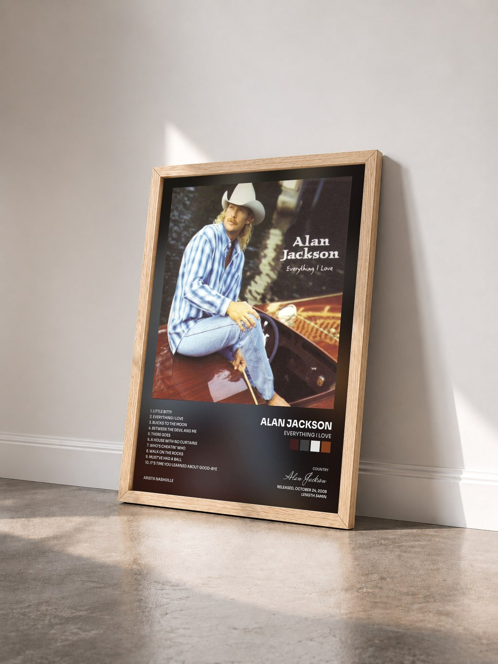 #bois Tableau de l'album Everything I Love de Alan Jackson vu de trois quarts, cadre en bois brut