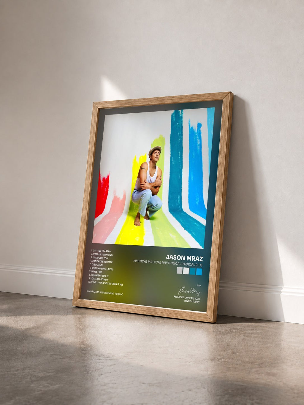 #bois Tableau de l'album Mystical Magical Rhythmical Radical Ride de Jason Mraz vu de trois quarts, cadre en bois brut