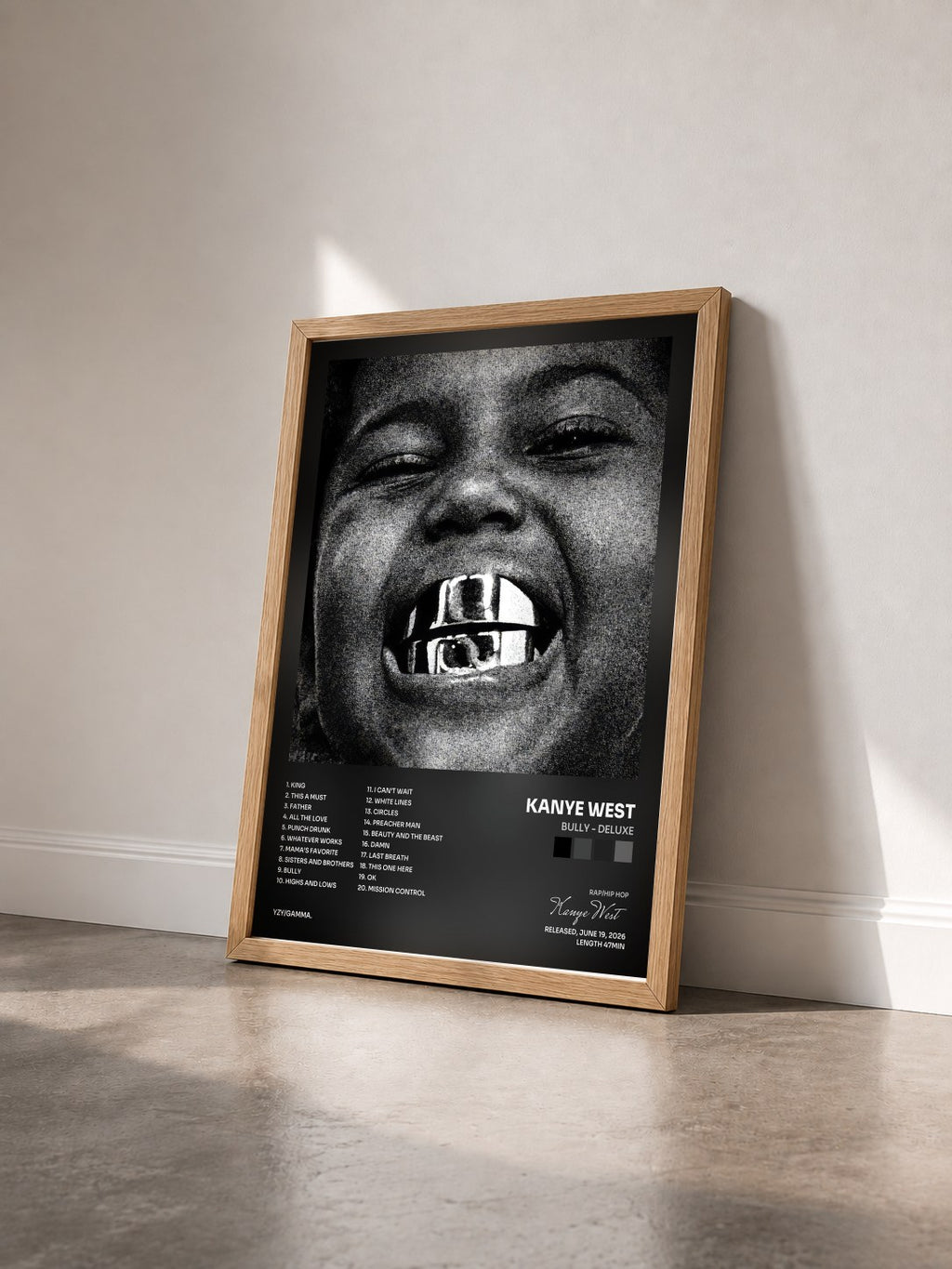 #bois Tableau de l'album BULLY - DELUXE de Kanye West vu de trois quarts, cadre en bois brut